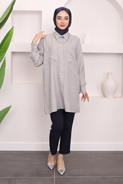 İmajButik Gri Yaka Bronşlu Omuz Piliseli Gömlek