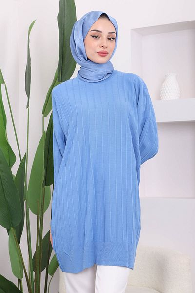 İmajButik Indigo Crew Neck Mercerized Casual Knitwear Tunic