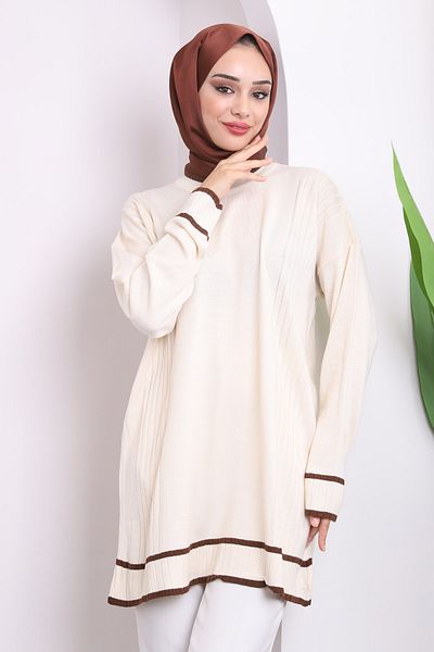 İmajButik Cream Crew Neck Mercerized Casual Knitwear Tunic