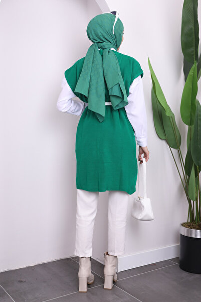 İmajButik Yeşil V Yaka Yırtmaçlı Selanik Triko Süveter