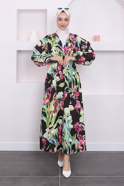 İmajButik Patterned Black/fuchsia Dress - Sleeve and Waist Elastic