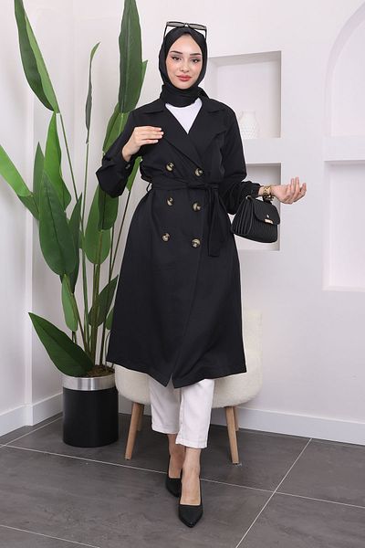 İmajButik Μαύρη καμπαρντίνα με διπλό γιακά με κουμπιά