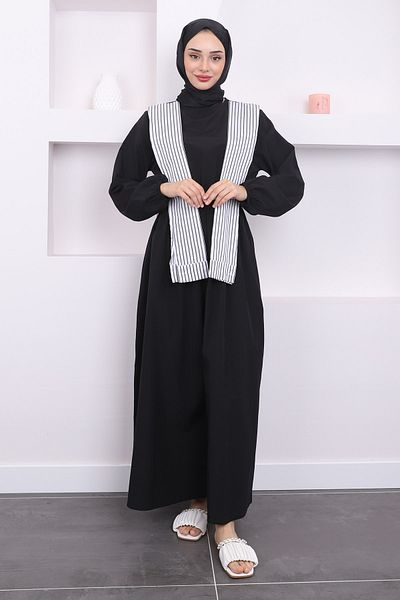 İmajButik Μαύρο φόρεμα με ελαστική μέση και λεπτομέρεια γιακά