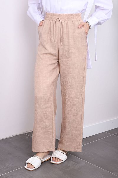 İmajButik Beige Linen Trousers - Pockets and Waist Elastics