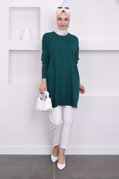 İmajButik Emerald Green Crew Neck Mercerized Casual Knitwear τουνίκ