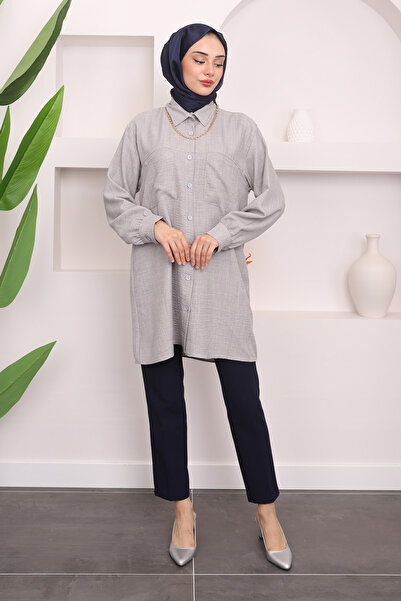 İmajButik Gri Yaka Bronşlu Omuz Piliseli Gömlek