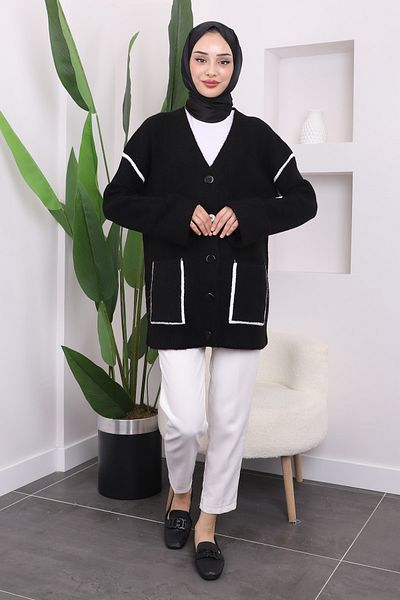 İmajButik Μαύρη πλεκτή ζακέτα με διπλή τσέπη