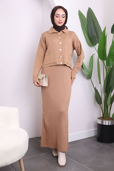 İmajButik Μπισκότα Crop Ζακέτα Πλεκτά Φόρεμα Διπλός Συνδυασμός