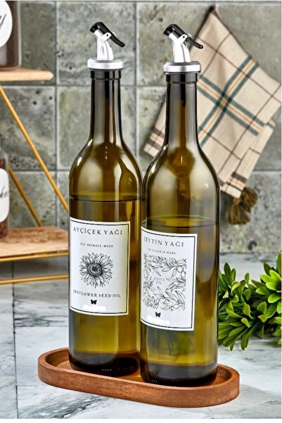 ŞAKİLATA CONCEPT Ahşap Stantlı  2'li 750 Ml Zeytinyağı Sıvıyağ Şişesi aç-kapa...