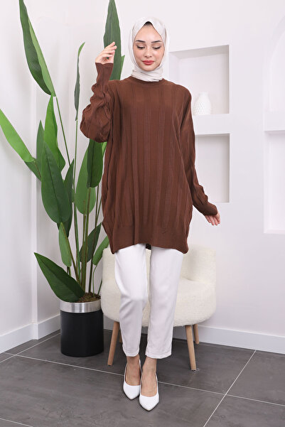 İmajButik Καφέ Crew Neck Mercerized Casual Knitwear Tunic