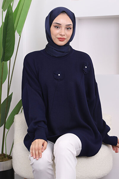 İmajButik Pulover de tricotaj cu detaliu de flori, albastru bleumarin