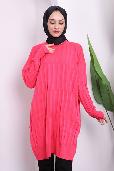İmajButik Ανοιχτό φούξια λαιμόκοψη Mercerized Casual Knitwear Tunic