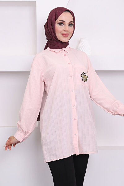 İmajButik Λινό Πουκάμισο - Χρώμα πούδρας, Λεπτομέρεια τσέπης