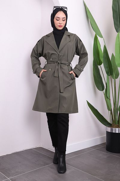 İmajButik Καμπαρντίνα με κουμπιά με ζώνη χακί μέσης