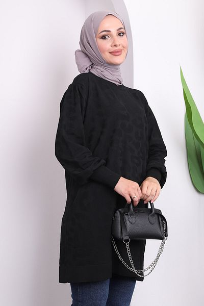 İmajButik Black Self Patterned Cold Thread Knitwear Tunic