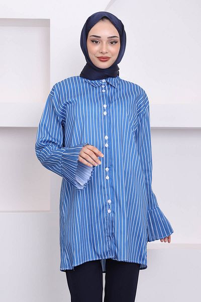 İmajButik Indigo ριγέ πλισέ μανίκι τουνίκ - με κουμπιά