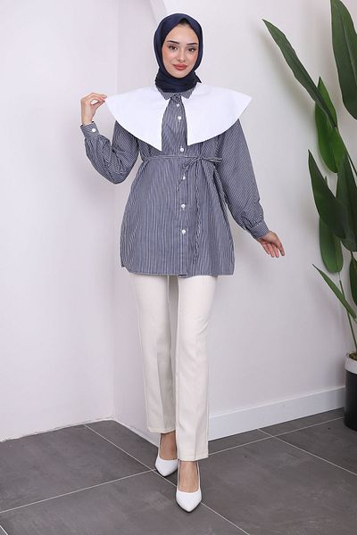 İmajButik Βρεφικό πουκάμισο με γιακά Navy Blue ριγέ