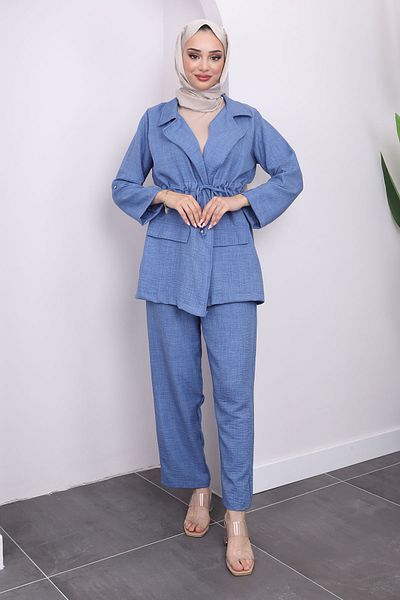 İmajButik طقم جاكيت وبنطلون بياقة وخصر مزدوج الصدر باللون النيلي