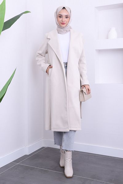 İmajButik Πέτρινο παλτό με ζώνη μέσης