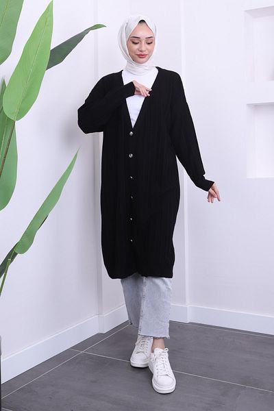İmajButik Black Seasonal Mercerized Loose Knitwear Cardigan