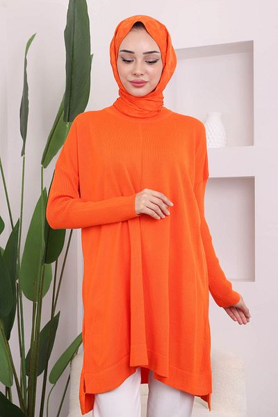 İmajButik Orange Crew Neck Mercerized Loose Knitwear Tunic