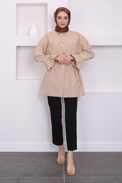 İmajButik Beige Tunic with String Waist and Sleeve Detail