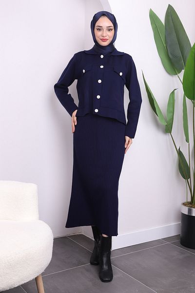İmajButik Φόρεμα Navy Blue Crop Jacket Σετ Πλεκτό Διπλό Συνδυασμό