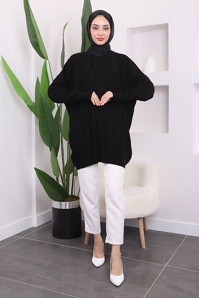 İmajButik Black Crew Neck Mercerized Casual Knitwear Tunik