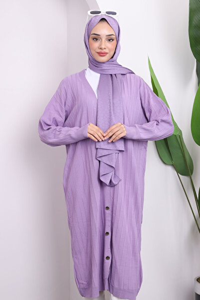 İmajButik Lilac Buttoned Long Knitwear Mercerized Cardigan