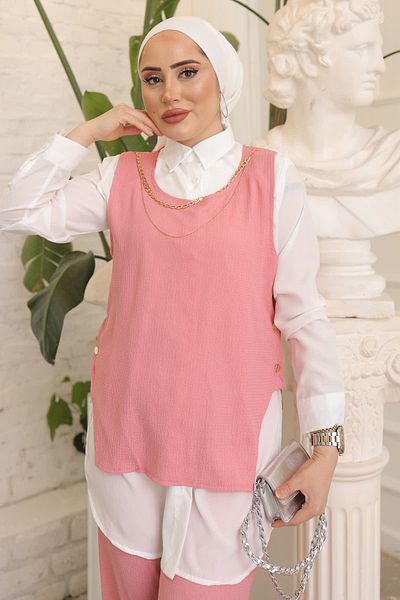 İmajButik Κολιέ με ροζ πλαϊνά κουμπιά τριπλό περιτυλιγμένο κοστούμι