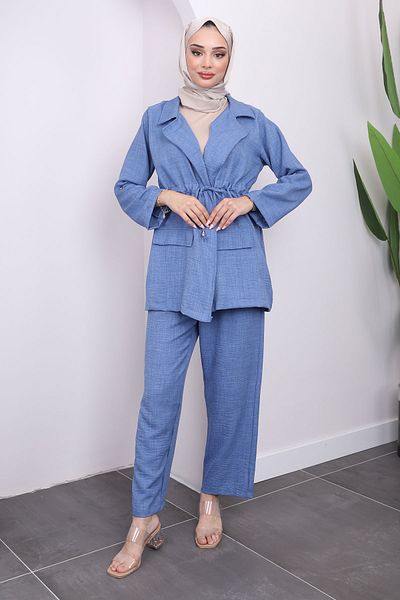 İmajButik طقم جاكيت وبنطلون بياقة وخصر مزدوج الصدر باللون النيلي