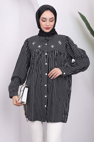 İmajButik تونيك مخطط باللون الأسود مزين بالأحجار