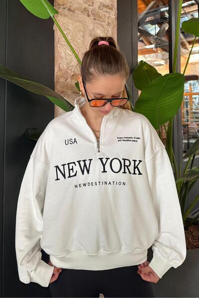 Madmext Ekru Yarım Fermuarlı Baskılı Sweatshirt MG2240