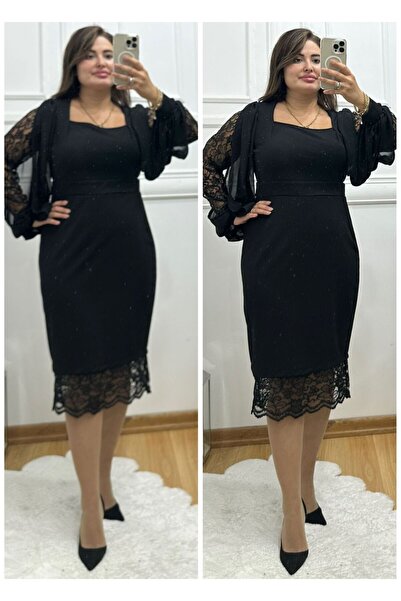 BUTİK MODA TR032-Siyah kolu ve etekucu fransız dantel şifon detaylı abiye