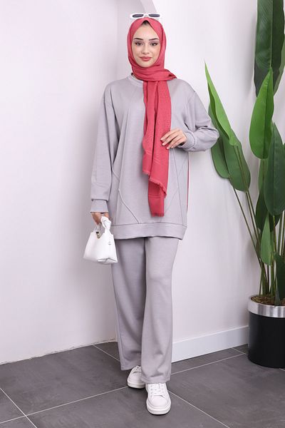 İmajButik Γκρι Crew Neck Modal Tunic Παντελόνι Κοστούμι