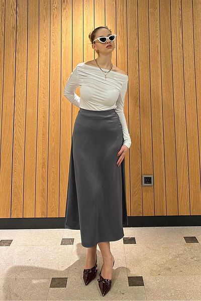Madmext MG1409 Model Antracit Culoare Midi Fusta Damă din Satin