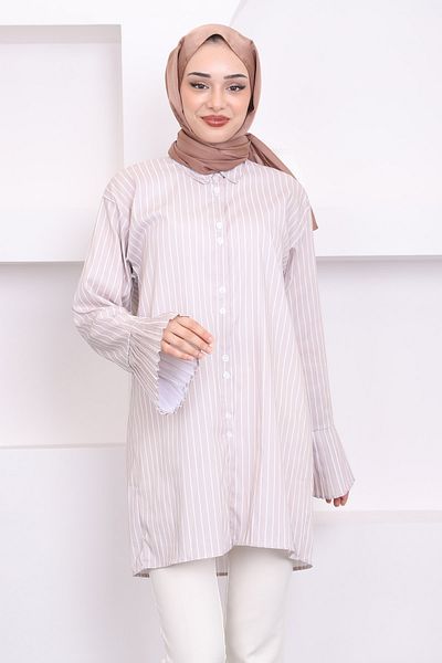 İmajButik Striped Pleated Sleeve and Stone Button Tunic