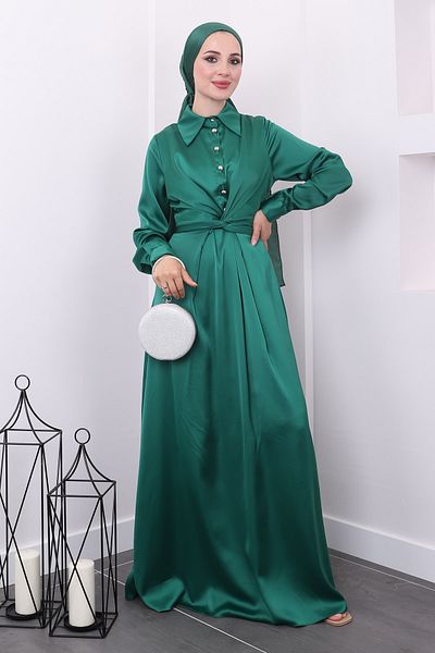 İmajButik Σατέν βραδινό φόρεμα - Σμαραγδένια λαιμόκοψη, κουμπιά και σταυρωτό φύλλο