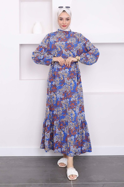 İmajButik Φόρεμα Viscon με μπλε σχέδιο με κλιμακωτή φούστα