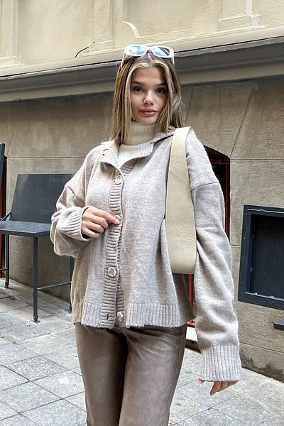la & vetta Stone Buttoned Polo Neck Sweater Cardigan