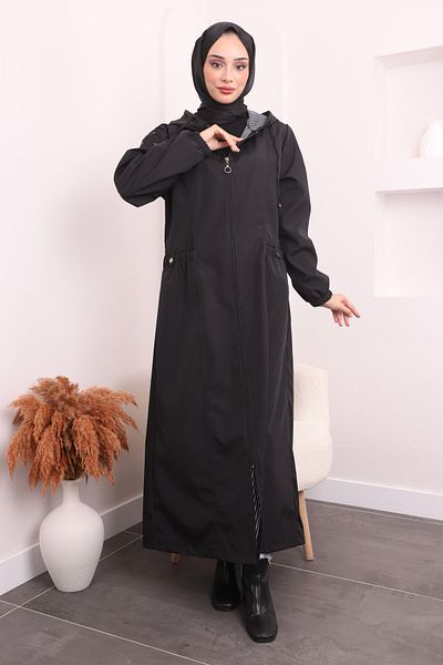 İmajButik Μαύρη καμπαρντίνα με κουκούλα και ελαστικό μακρύ μανίκι