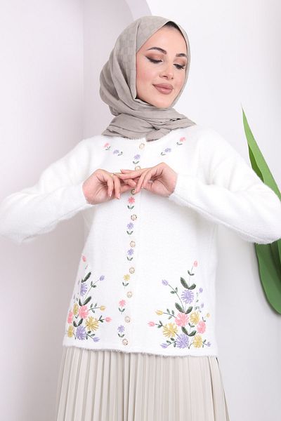 İmajButik Ecru Embroidered Beard Knitwear Cardigan