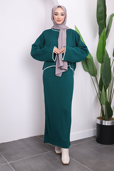 İmajButik Set de două piese rochie crop din tricotaje verde smarald