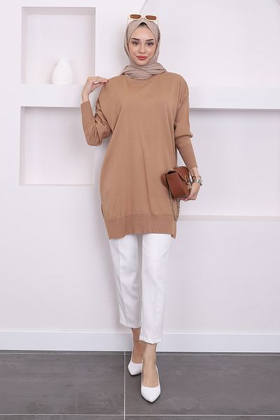 İmajButik Μπισκότο Crew Neck Mercerized Casual Knitwear Tunic
