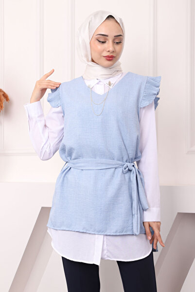 İmajButik Bebe Mavi Kemerli Tunik Gömlek Kombin İkili Takım