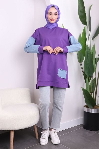 İmajButik Purple Sleeve Bead Detailed Two Thread Tunic