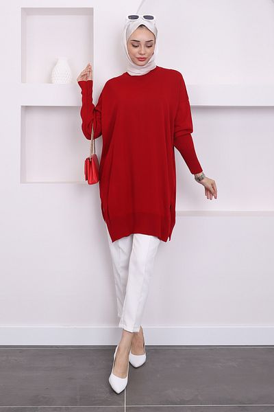 İmajButik Claret Red Crew Neck Mercerized Casual Knitwear Tunic