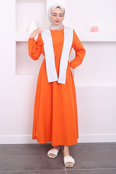 İmajButik Πορτοκαλί γιακάς - Φόρεμα ελαστικής μέσης