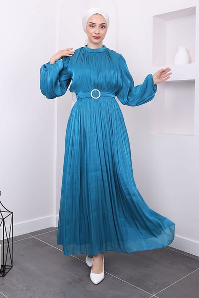 İmajButik Πράσινο βραδινό φόρεμα - μπαλόνι μανίκι και ελαστική μέση