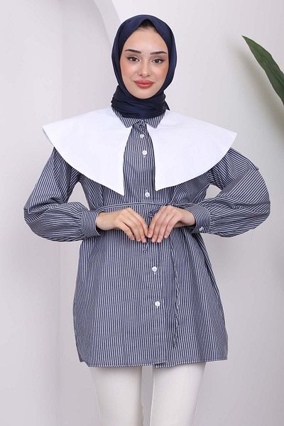 İmajButik Βρεφικό πουκάμισο με γιακά Navy Blue ριγέ